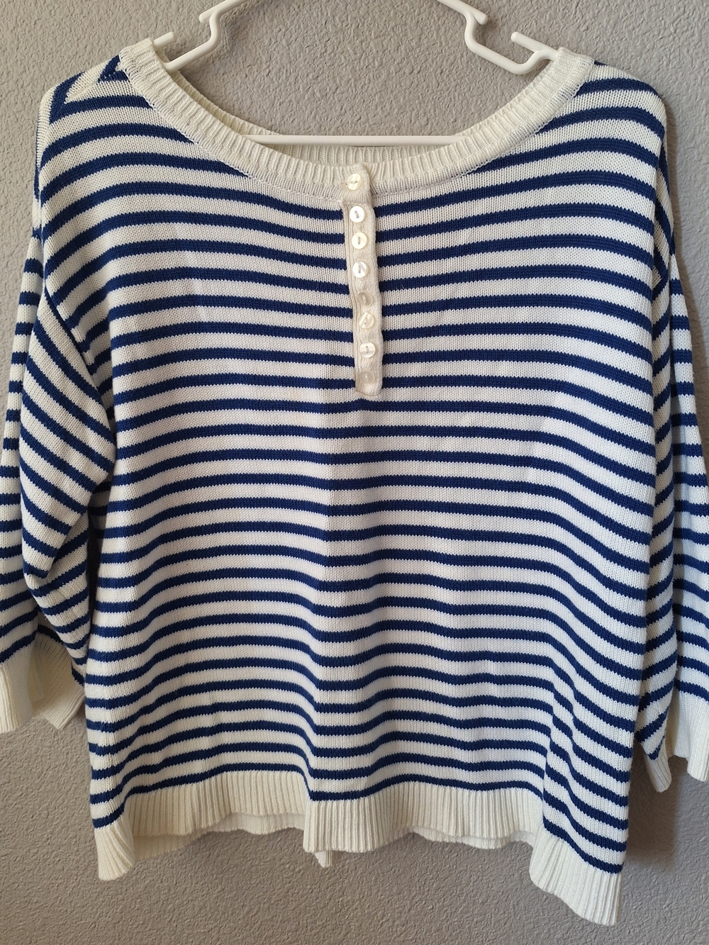 Candace Cameron Bure Navy and White Striped Button Henley Sweater